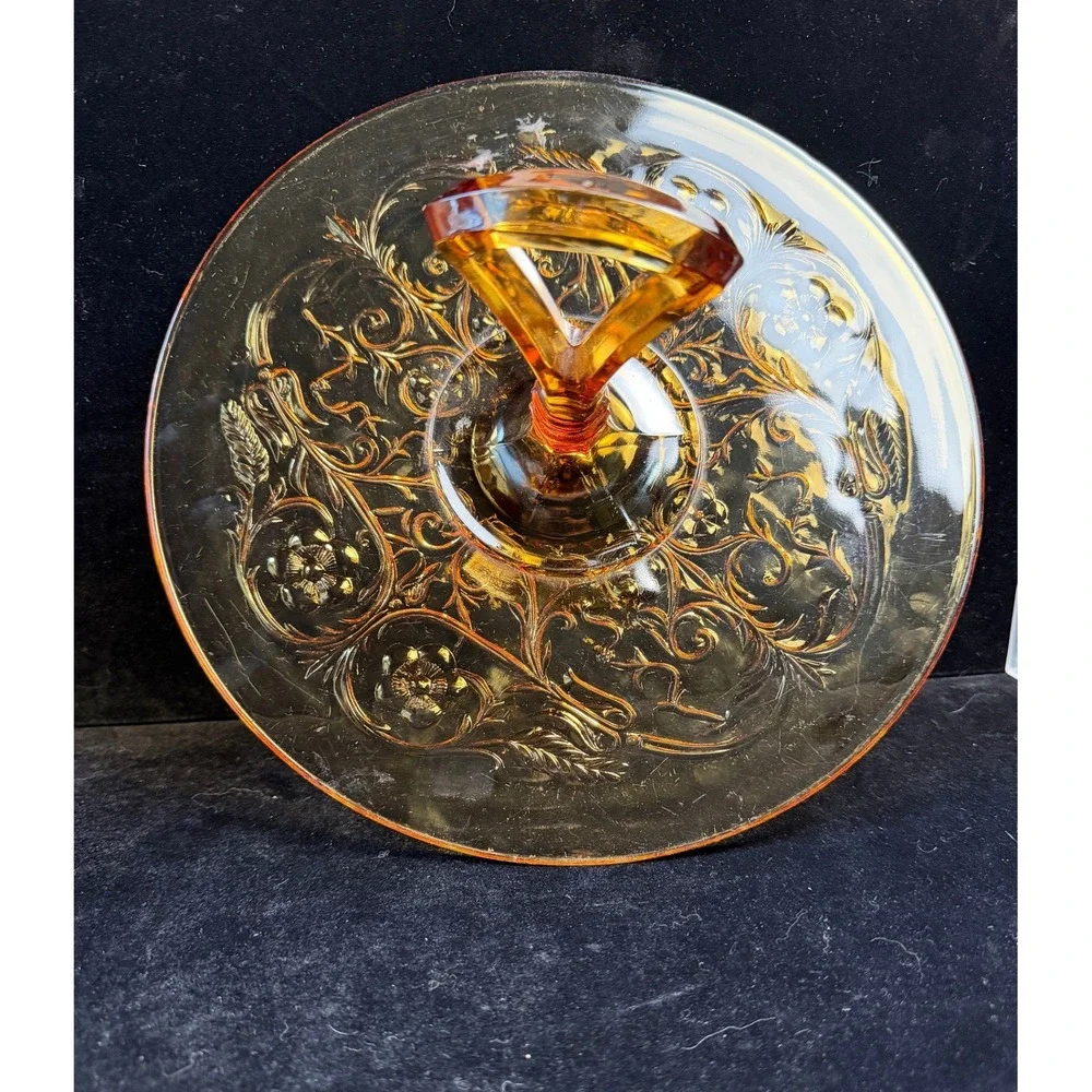 Vintage Rock Crystal Amber Glass Tidbit‎ Rose Floral Handle - 1930's